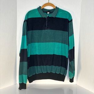 Men's Striped Long-Sleeve Polo Velour Shirt in Teal and Black XL